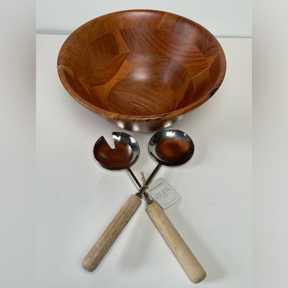 William Sonoma Wood Salad Bowl With 2 servers spoon set - Picture 1 of 9